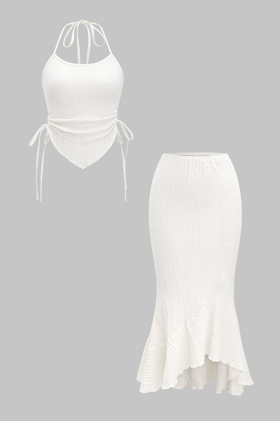 Textured Halter Neck Ruched Tank Top And Asymmetrical Ruffle Skirt Set WHITE
