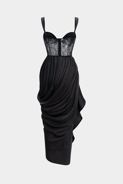 NOCTARA | LACE CORSET DRAPED DRESS BLACK