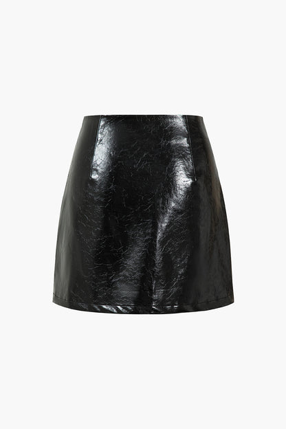 Faux Leather Button Mini Skirt BLACK