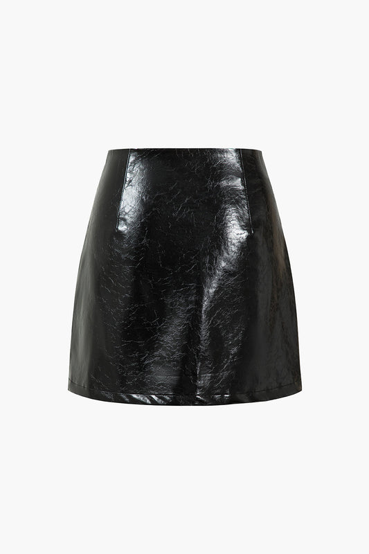 Faux Leather Button Mini Skirt BLACK