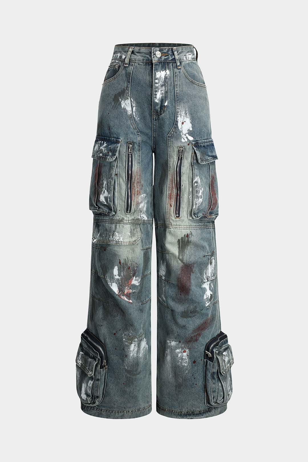 Graffiti Denim Washed Button Pocket Zipper Wide Leg Jeans BABY BLUE