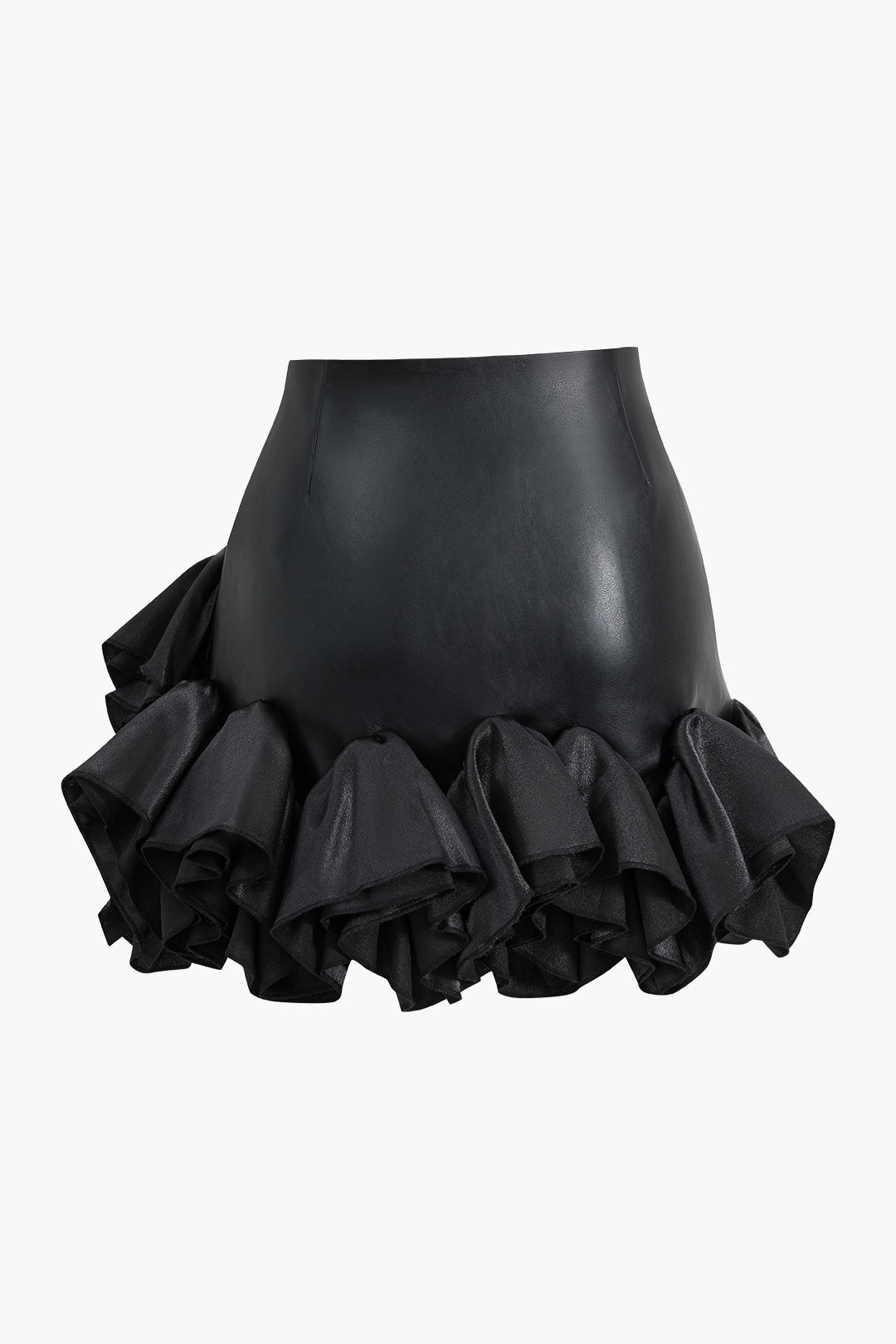 Faux Leather Ruffle Mini Skirt BLACK
