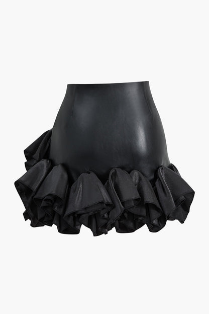 Faux Leather Ruffle Mini Skirt BLACK