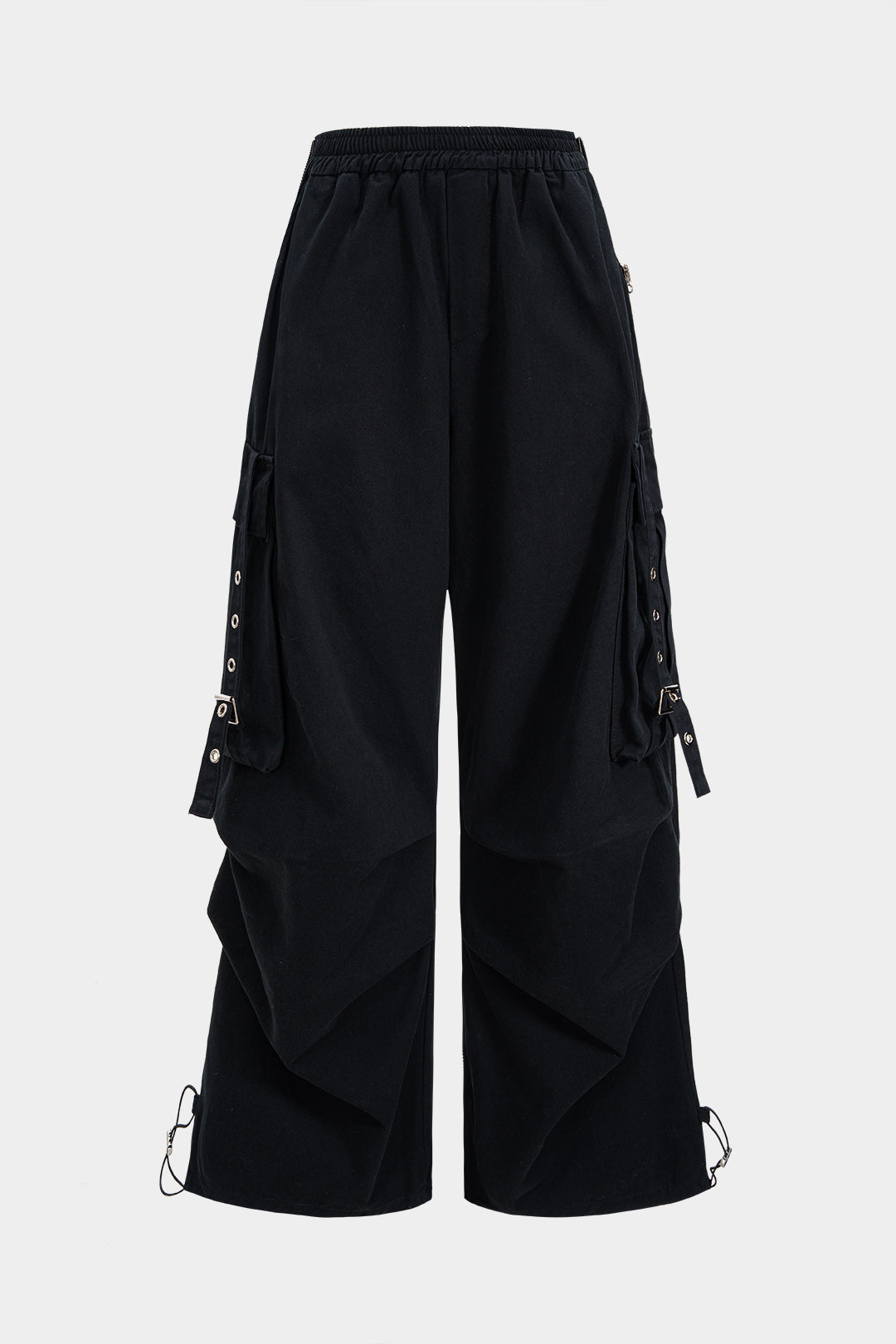 Denim Patchwork Ring Pocket Asymmetrical Washed Jeans BLACK