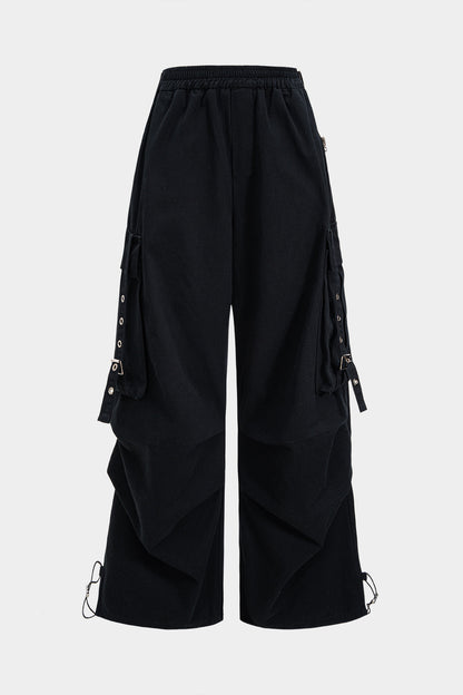 Denim Patchwork Ring Pocket Asymmetrical Washed Jeans BLACK