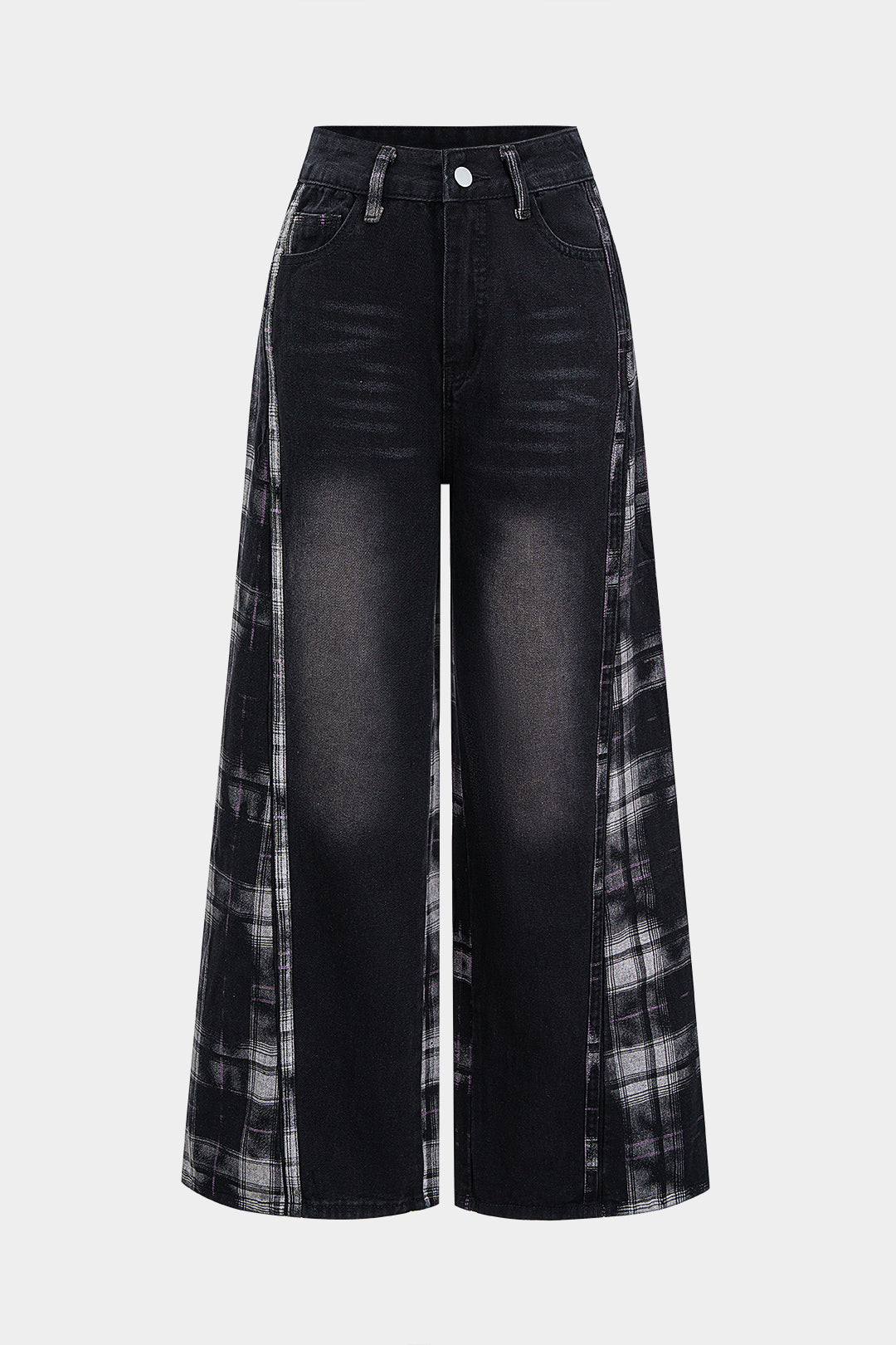 Plaid Print Denim Patchwork Zipper Straight Leg Jeans BLACK