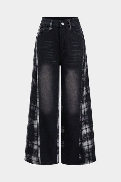 Plaid Print Denim Patchwork Zipper Straight Leg Jeans BLACK