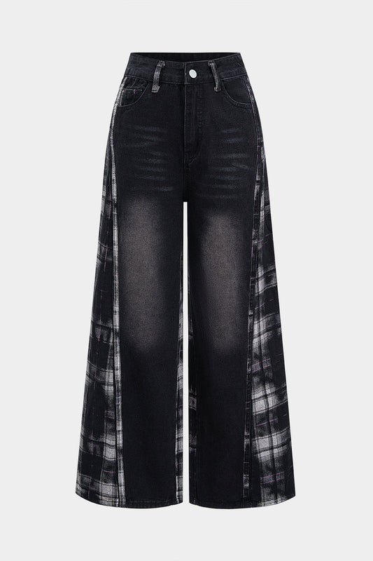Plaid Print Denim Patchwork Zipper Straight Leg Jeans BLACK