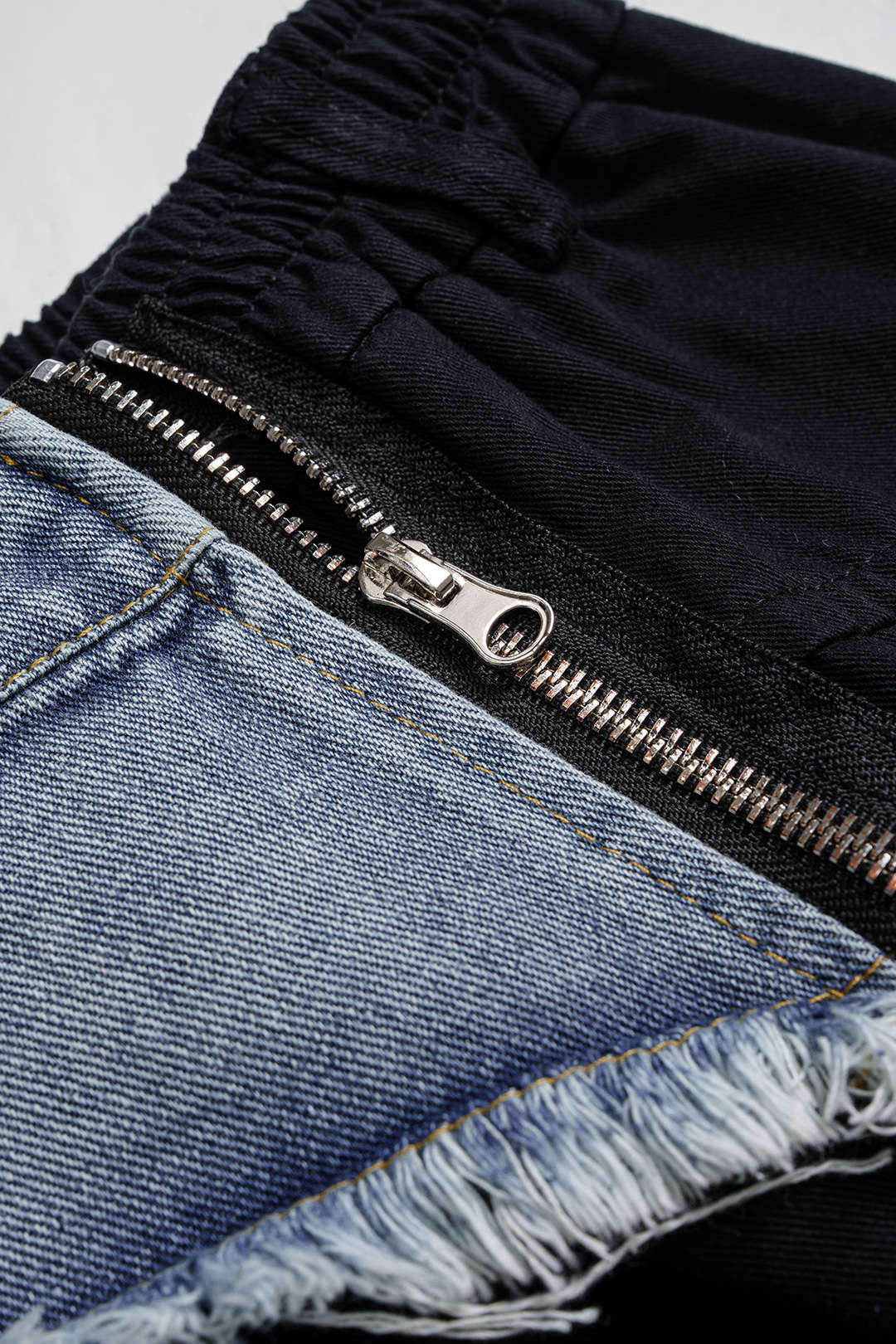 Denim Patchwork Ring Pocket Asymmetrical Washed Jeans BLACK