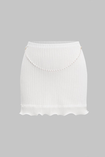 Backless Pearl Chain Halter Neck Sleeveless Tank Top And Skirt Set WHITE