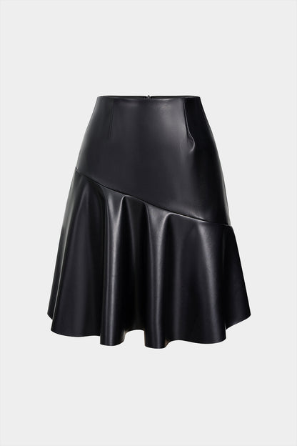 Faux Leather Ruffle High Waist Skirt BLACK