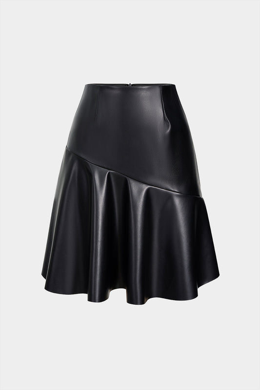 Faux Leather Ruffle High Waist Skirt BLACK