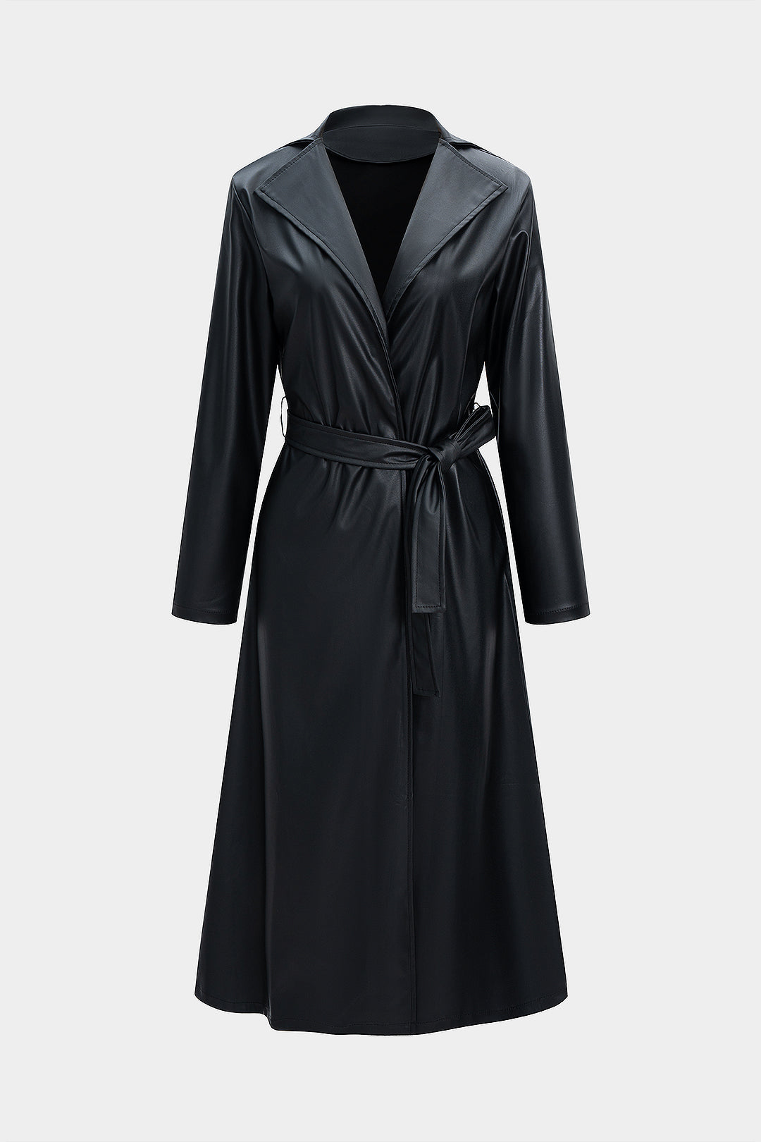SERENA | BELTED FAUX LEATHER COAT BLACK