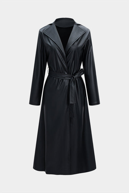 SERENA | BELTED FAUX LEATHER COAT BLACK