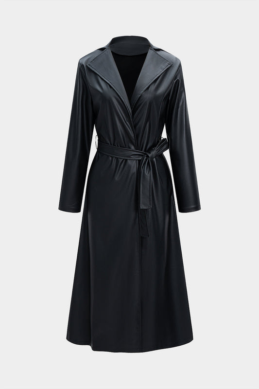 SERENA | BELTED FAUX LEATHER COAT BLACK