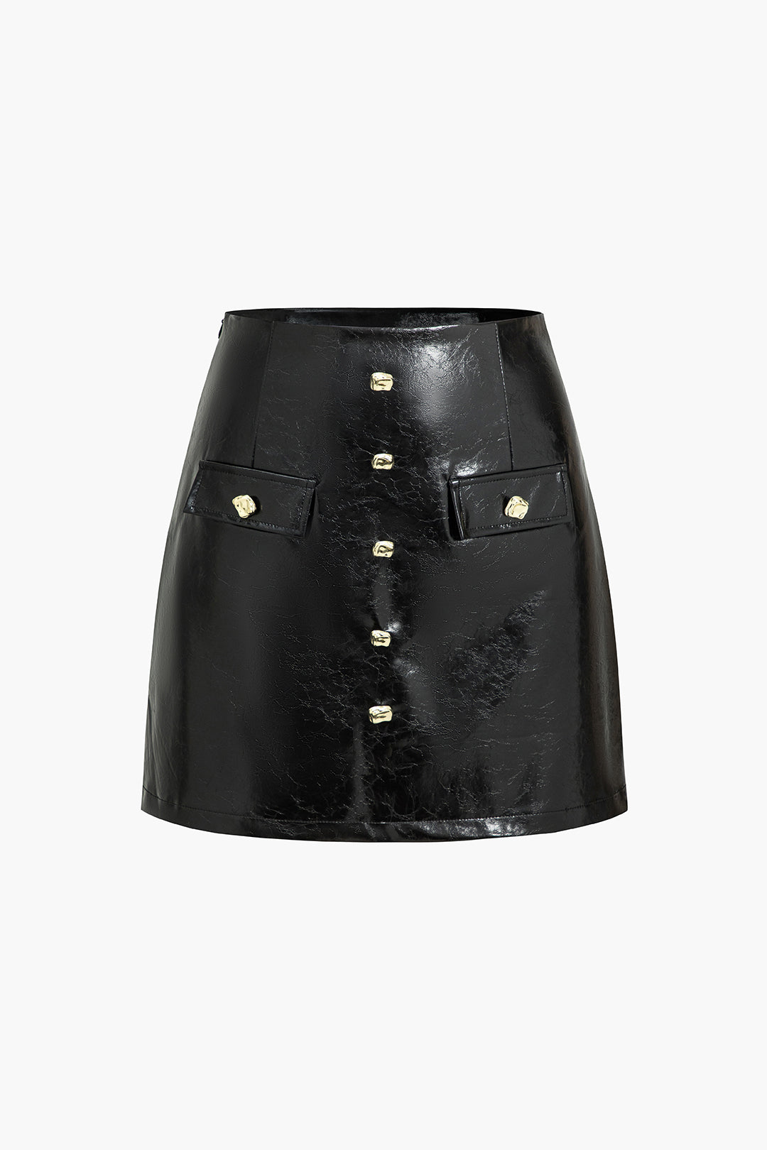 Faux Leather Button Mini Skirt BLACK
