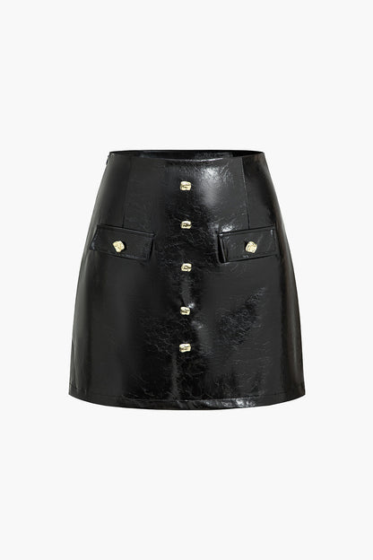 Faux Leather Button Mini Skirt BLACK