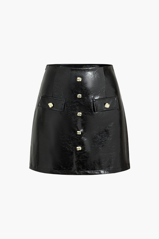 Faux Leather Button Mini Skirt BLACK