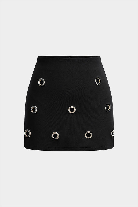 Hollow Out Ring Zipper Skirt BLACK