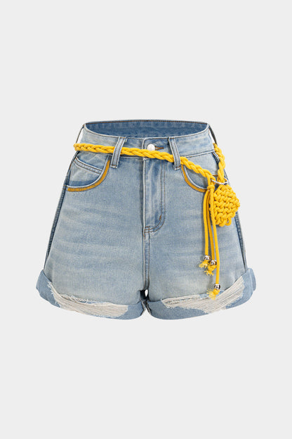 SOLENE | BELTED DENIM SHORTS LIGHT WASH BLUE