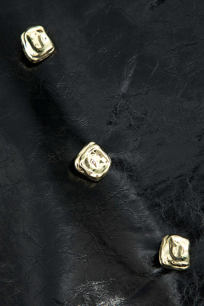 Faux Leather Button Mini Skirt BLACK