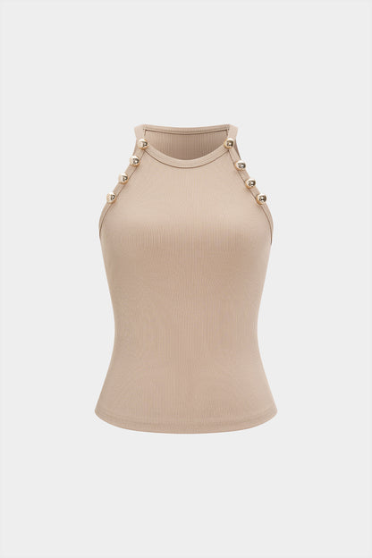 CAPRI | RIBBED HALTER TOP WITH GOLD STUDS