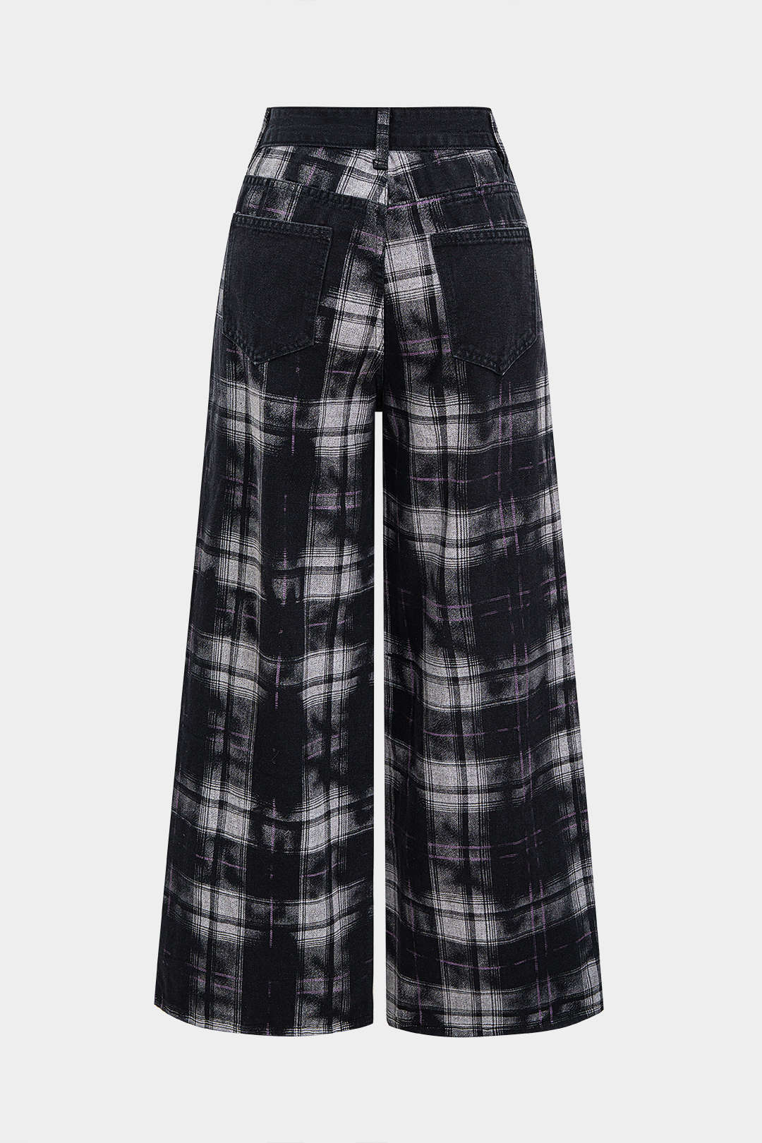 Plaid Print Denim Patchwork Zipper Straight Leg Jeans BLACK