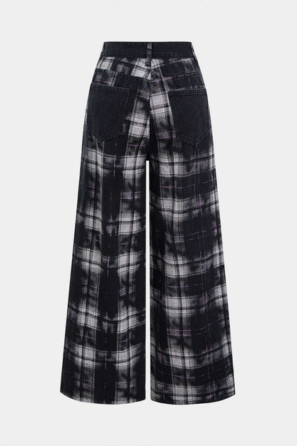 Plaid Print Denim Patchwork Zipper Straight Leg Jeans BLACK