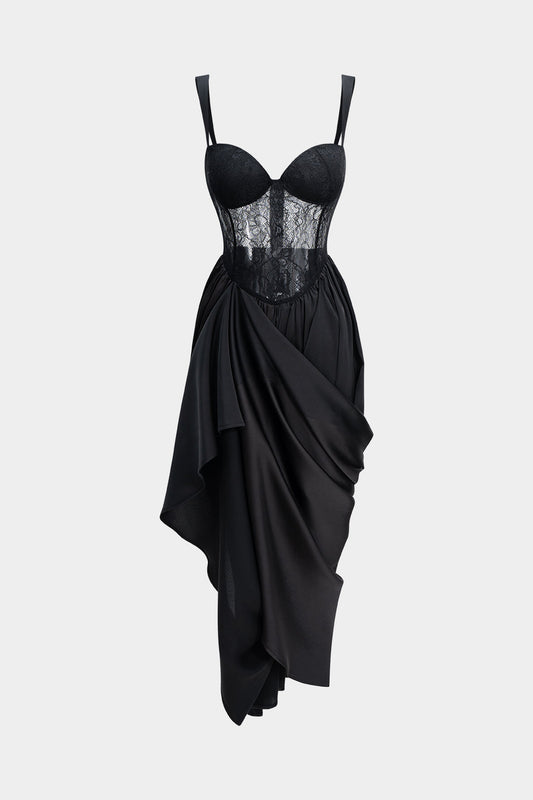 NOCTARA | LACE CORSET DRAPED DRESS BLACK