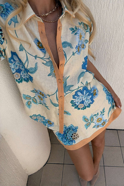 Floral Print Button Detail Shirt And Skirt Set CREAM YELLOW