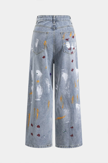 Denim Washed Straight Leg Wide Leg Jeans LIGHT WASH BLUE