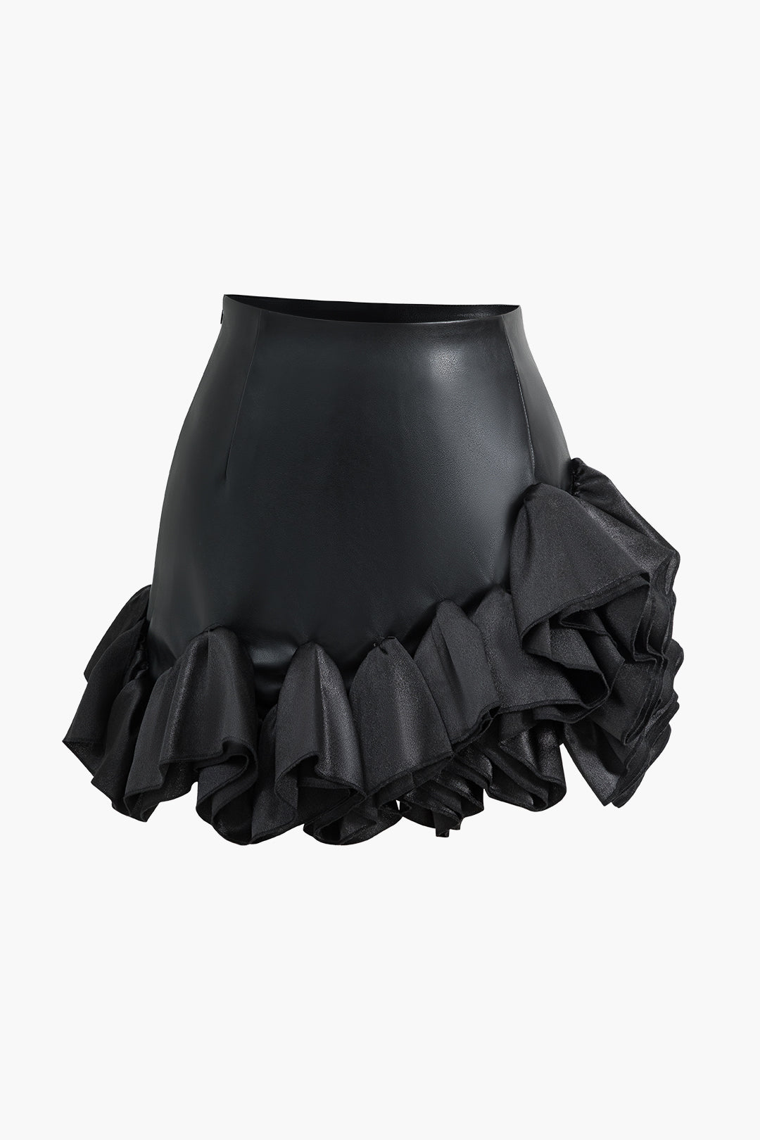 Faux Leather Ruffle Mini Skirt BLACK