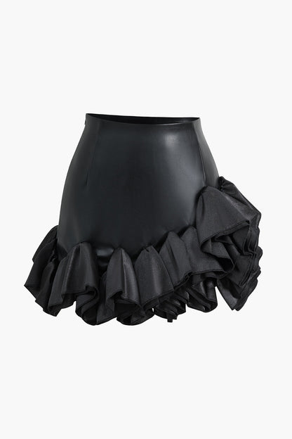 Faux Leather Ruffle Mini Skirt BLACK