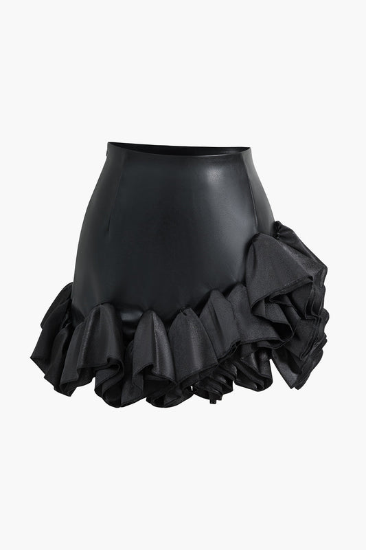Faux Leather Ruffle Mini Skirt BLACK
