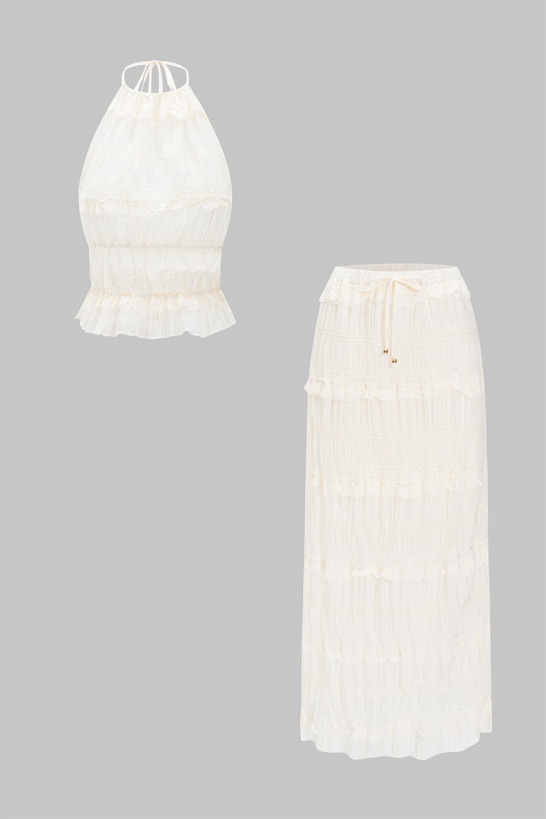 Chiffon Tie Front Backless Top And Skirt Set BEIGE S