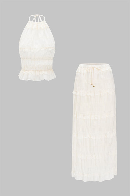 Chiffon Tie Front Backless Top And Skirt Set BEIGE S