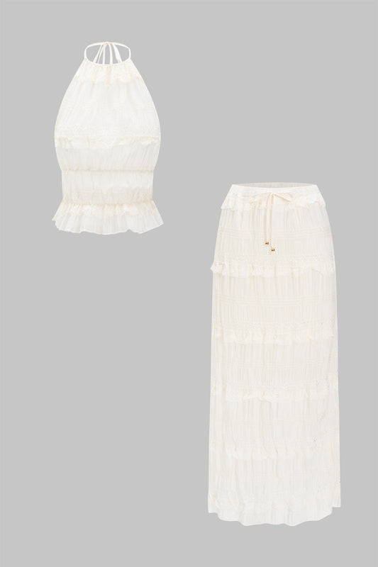 Chiffon Tie Front Backless Top And Skirt Set BEIGE S