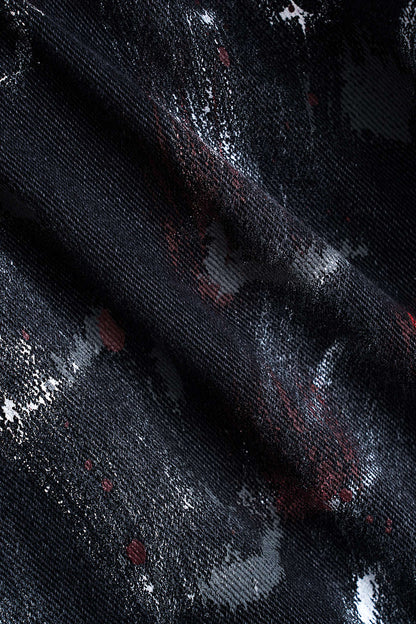 Graffiti Denim Washed Button Pocket Zipper Wide Leg Jeans BLACK