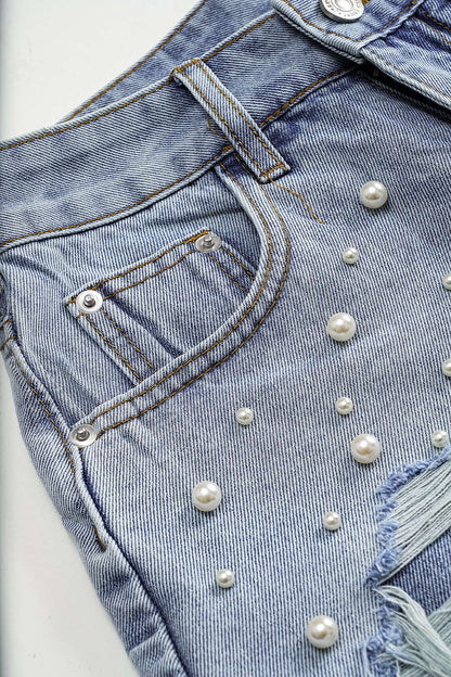 SOLÈNE | PEARL STUDDED DENIM SHORTS