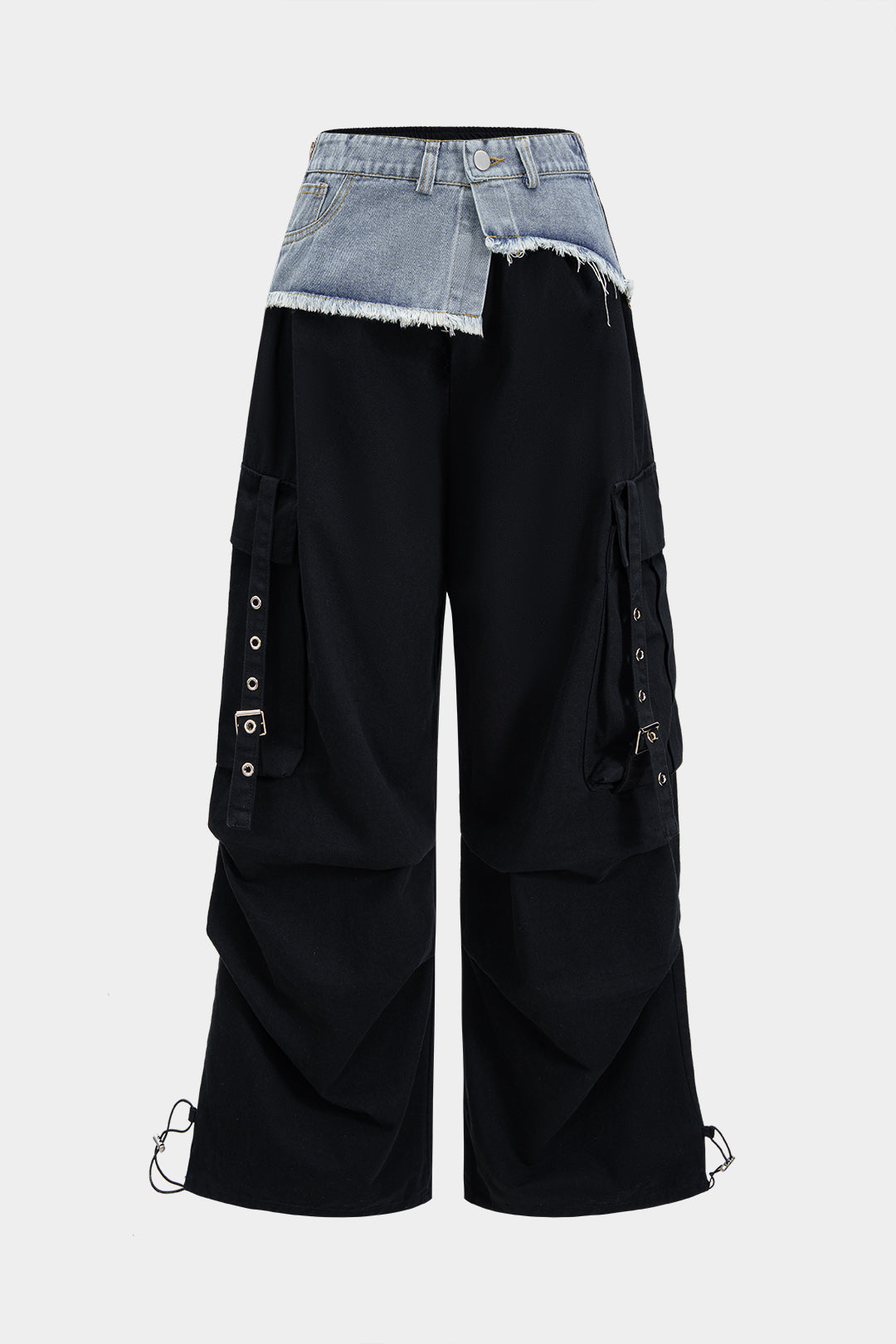 Denim Patchwork Ring Pocket Asymmetrical Washed Jeans BLACK