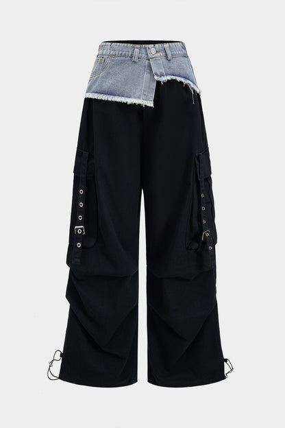 Denim Patchwork Ring Pocket Asymmetrical Washed Jeans BLACK