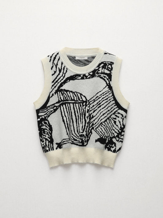 Contrast Trim Floral Sweater Vest Apricot