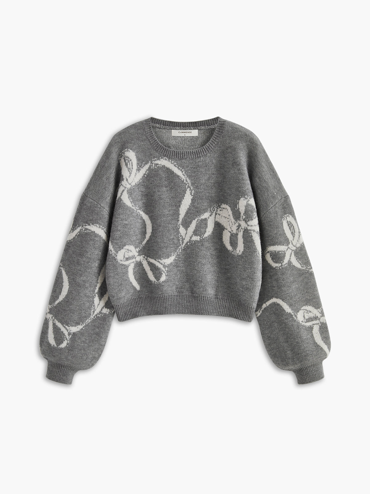 Bow Printed Loose Pullover Sweater Grey