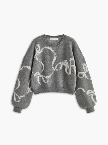Bow Printed Loose Pullover Sweater Grey