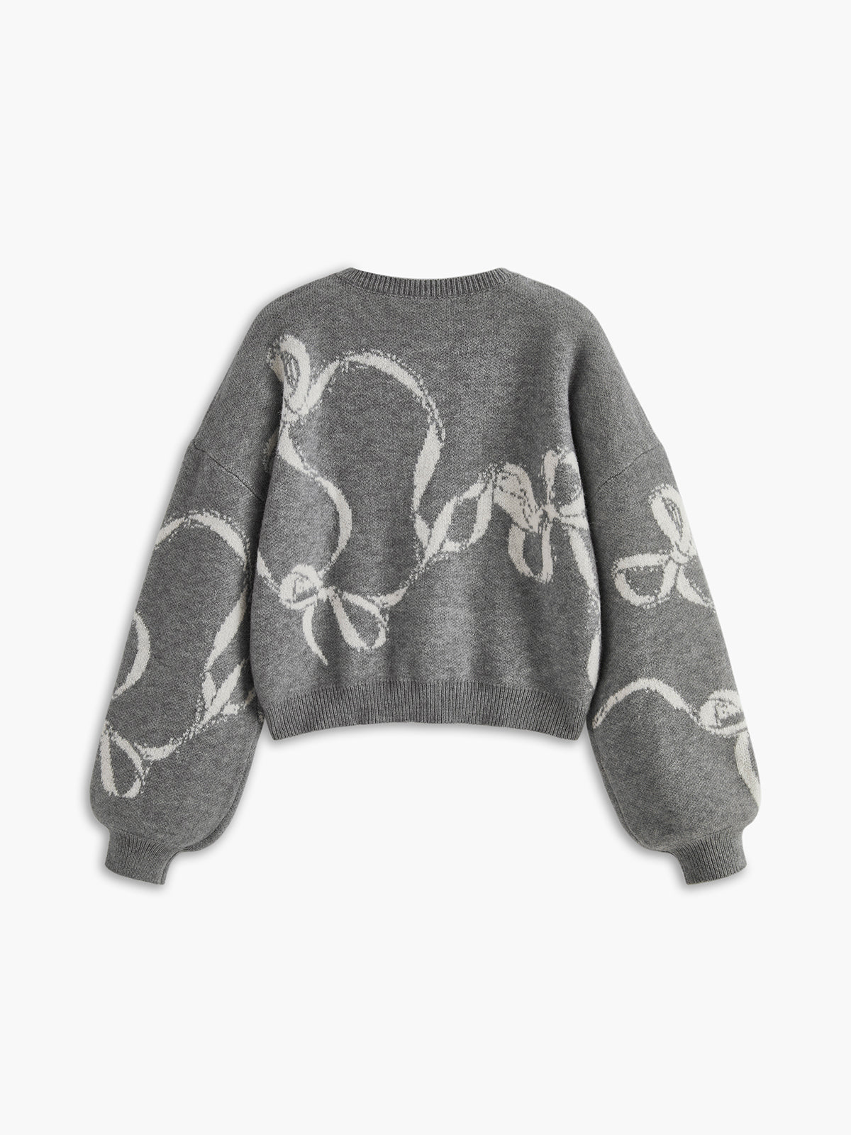 Bow Printed Loose Pullover Sweater Grey