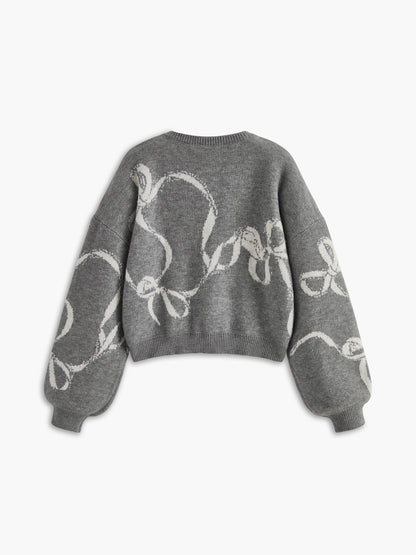 Bow Printed Loose Pullover Sweater Grey
