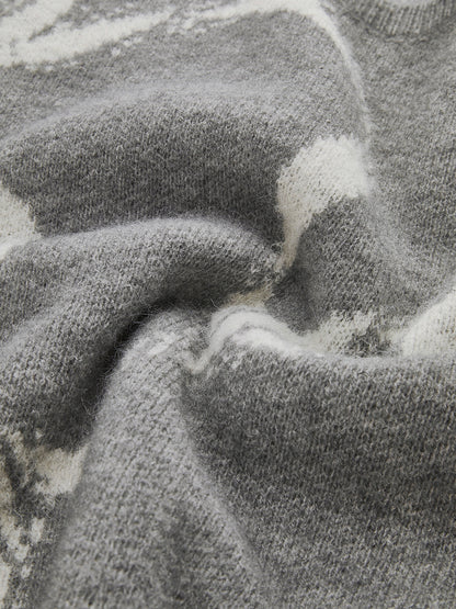 Bow Printed Loose Pullover Sweater Grey