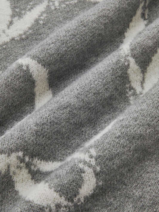 Bow Printed Loose Pullover Sweater Grey