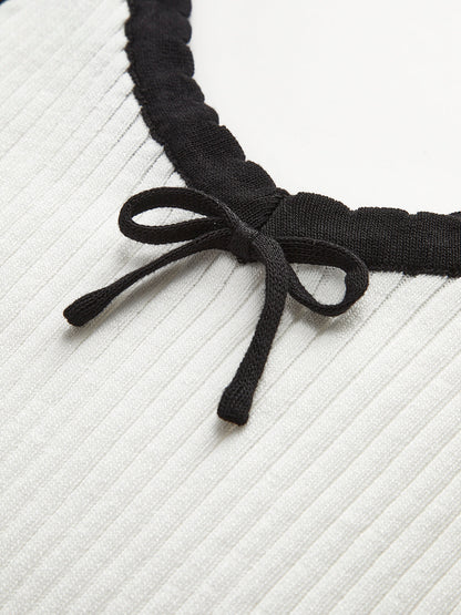 Contrast Trim Bow Crop Sweater Vest White