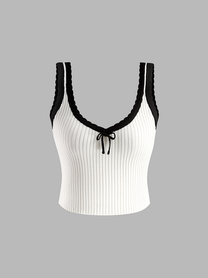 Contrast Trim Bow Crop Sweater Vest White